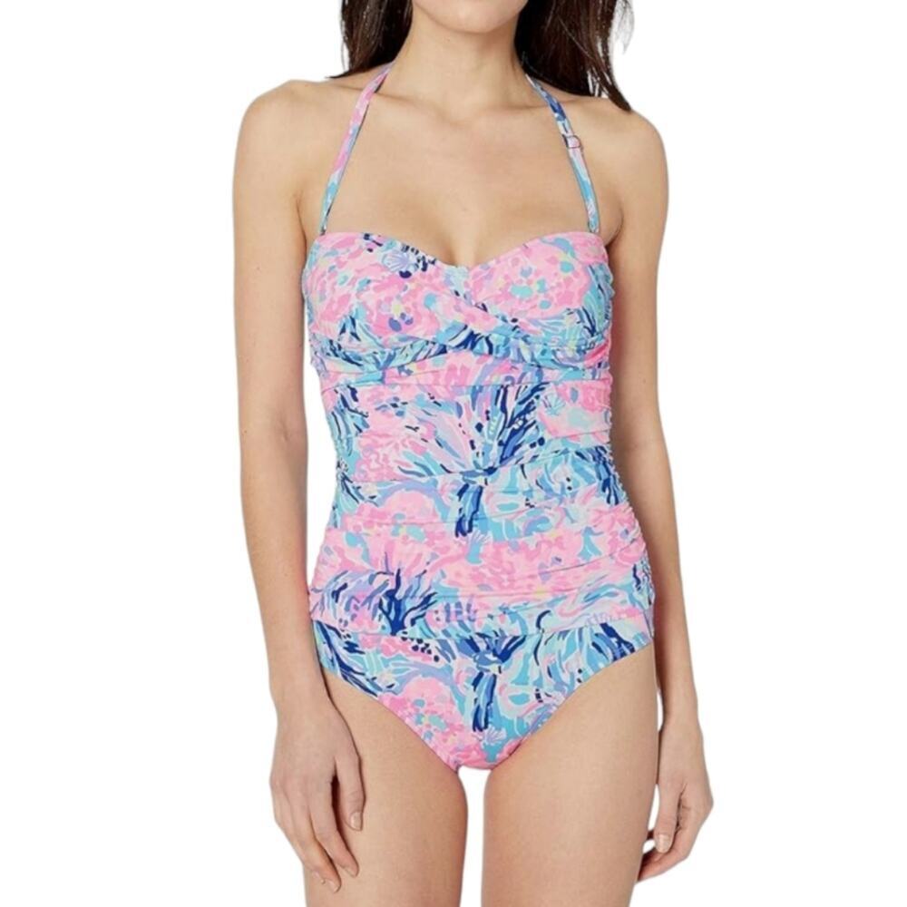Lilly Pulitzer Flamenco One Piece bathing Suit Periwinkle Purple Fan Sea Pants